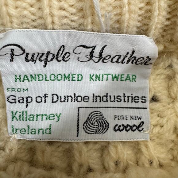 Purple Heather Handknit Ireland Wool CableKnit Sweater Crewneck Cream L Flaw - Picture 3 of 7